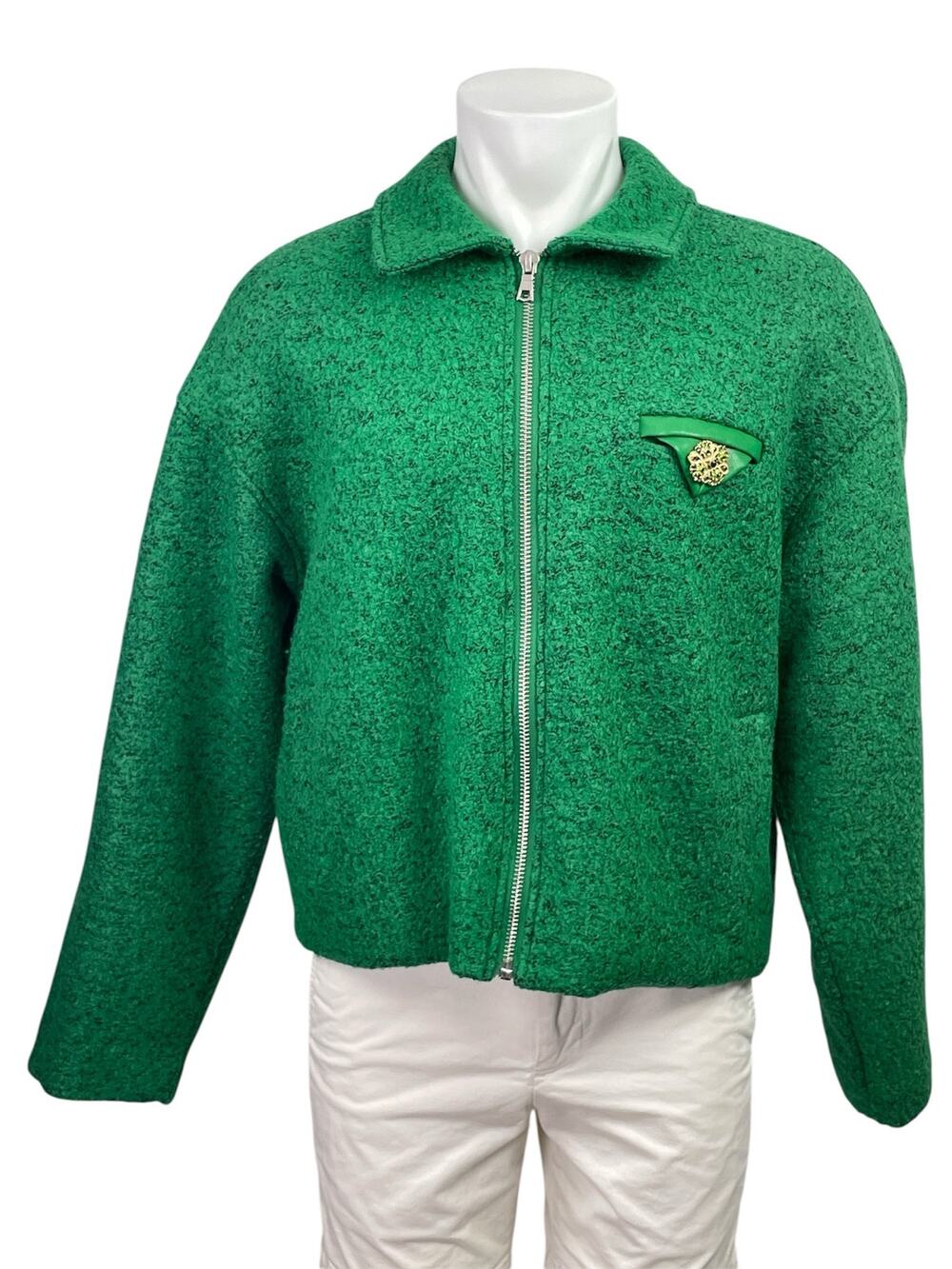 Fashion Nova Hallron Mens Green Textured Zip Up Long Sleeve Cropped Jacket Sz L